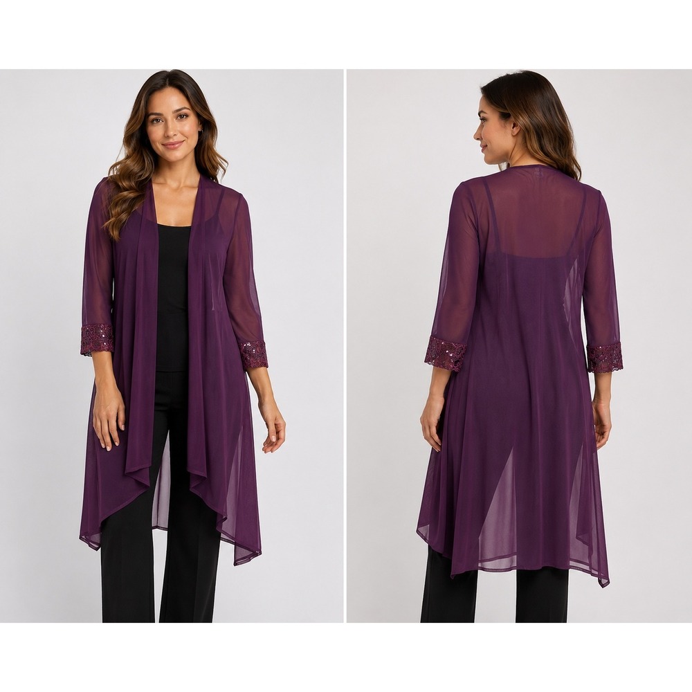 R&M Richards Womens Purple Sheer Mesh Sequin Lace Cuff Open Front Cardigan Sz 6